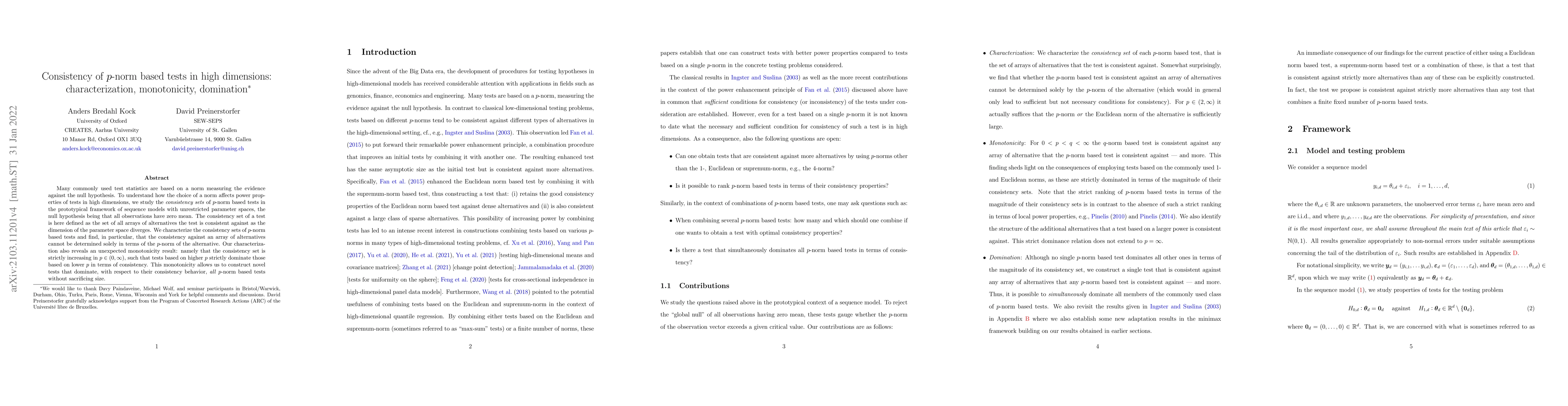 Thumbnail for Consistency of $p$-norm based tests in high dimensions:
  characterization, monotonicity, domination