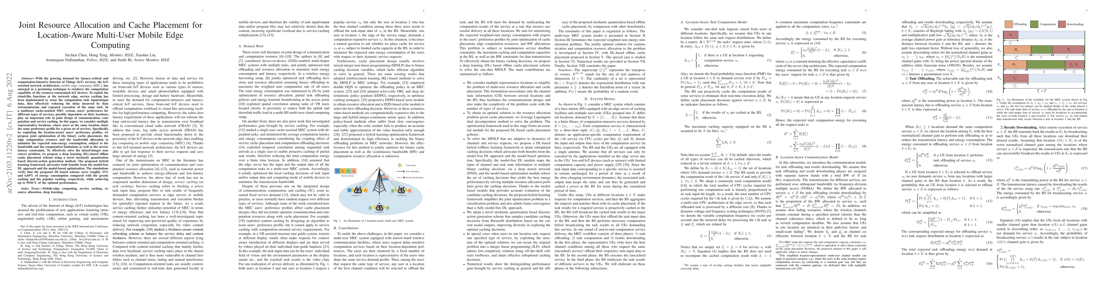 Thumbnail for Joint Resource Allocation and Cache Placement for Location-Aware
  Multi-User Mobile Edge Computing
