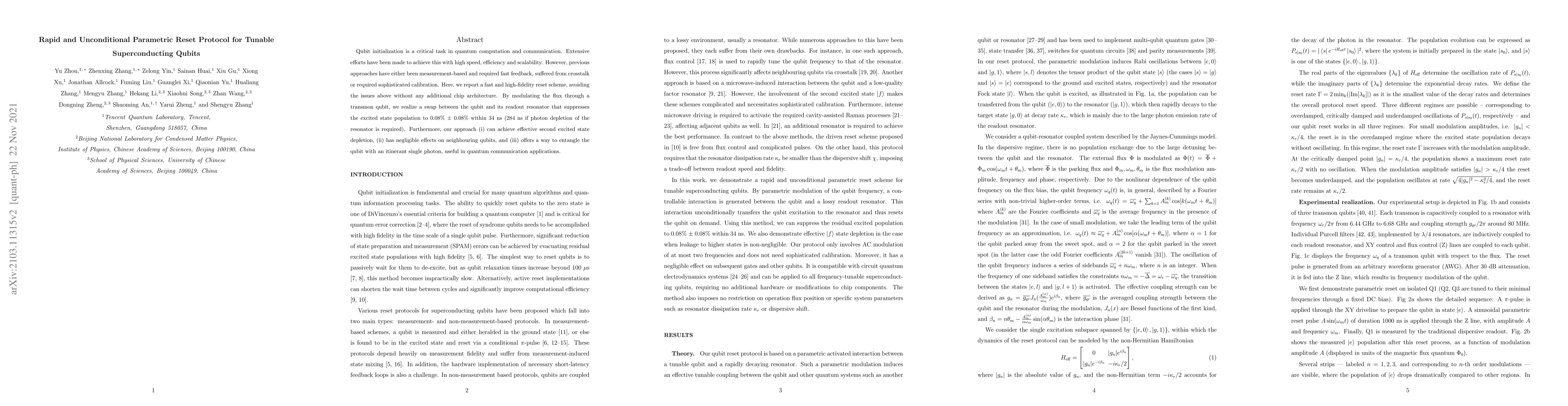 Thumbnail for Rapid and Unconditional Parametric Reset Protocol for Tunable
  Superconducting Qubits