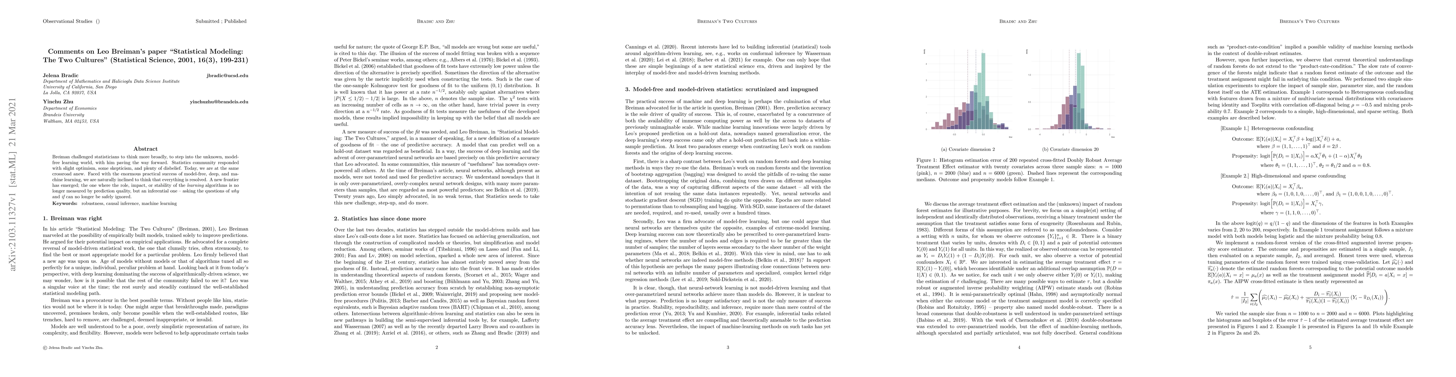 Thumbnail for Comments on Leo Breiman's paper 'Statistical Modeling: The Two Cultures'
  (Statistical Science, 2001, 16(3), 199-231)