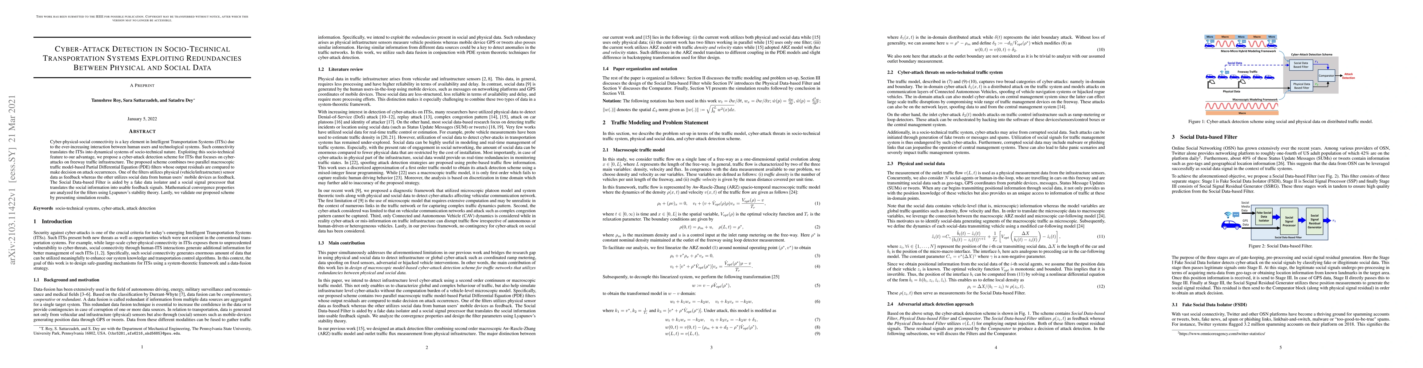 Thumbnail for Cyber-Attack Detection in Socio-Technical Transportation Systems
  Exploiting Redundancies Between Physical and Social Data