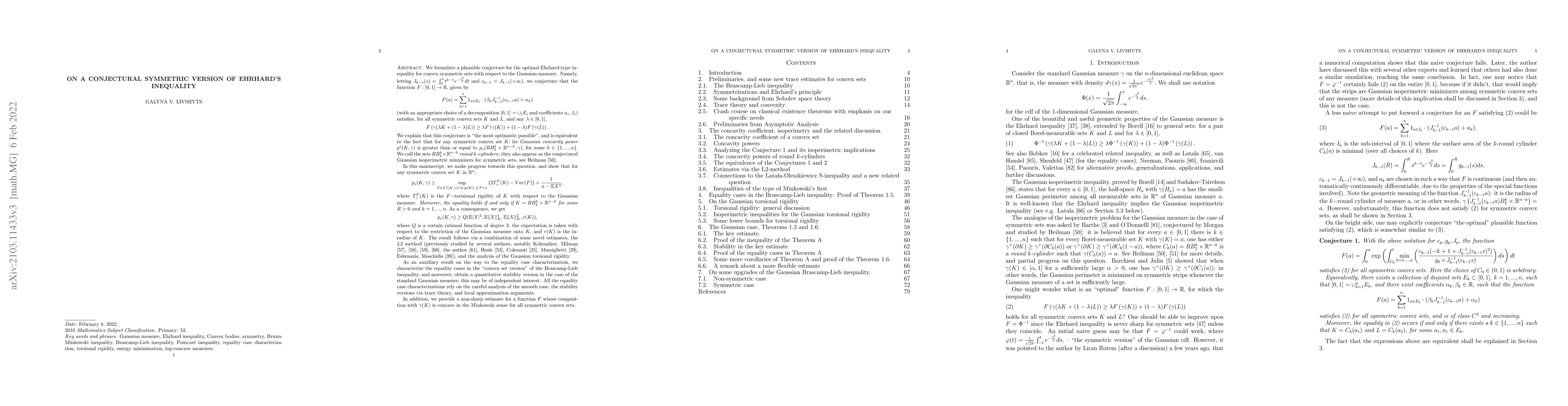 Thumbnail for On a conjectural symmetric version of Ehrhard's inequality