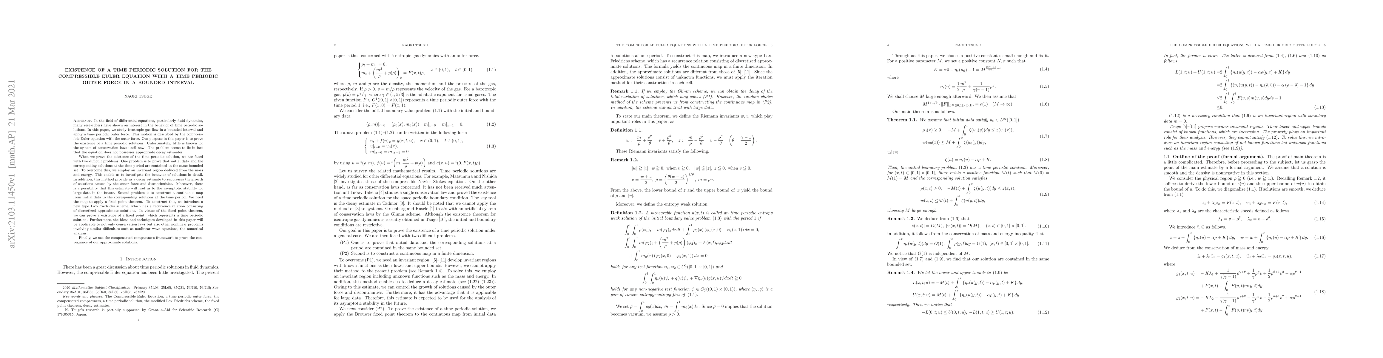 Thumbnail for Existence of a time periodic solution for the compressible Euler
  equation with a time periodic outer force in a bounded interval