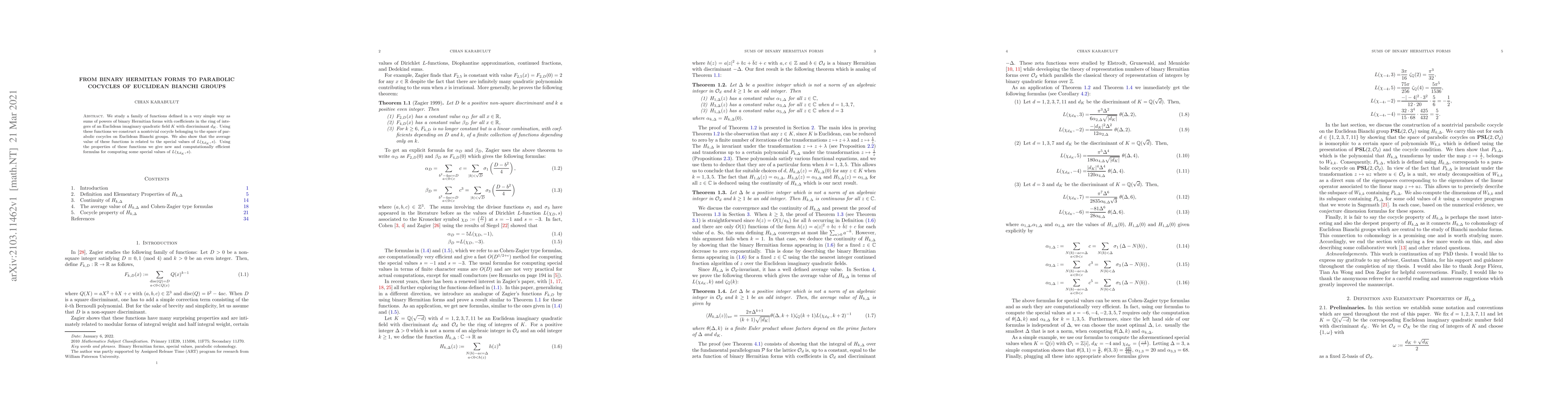 Thumbnail for From Binary Hermitian Forms to parabolic cocycles of Euclidean Bianchi
  groups