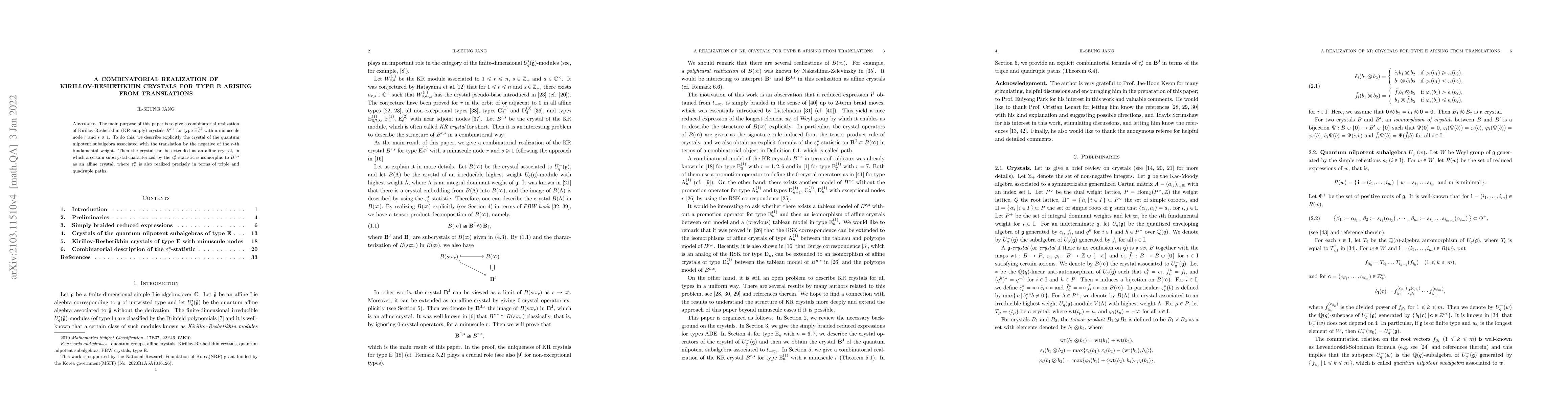 Thumbnail for A combinatorial realization of Kirillov-Reshetikhin crystals for type E
  arising from translations