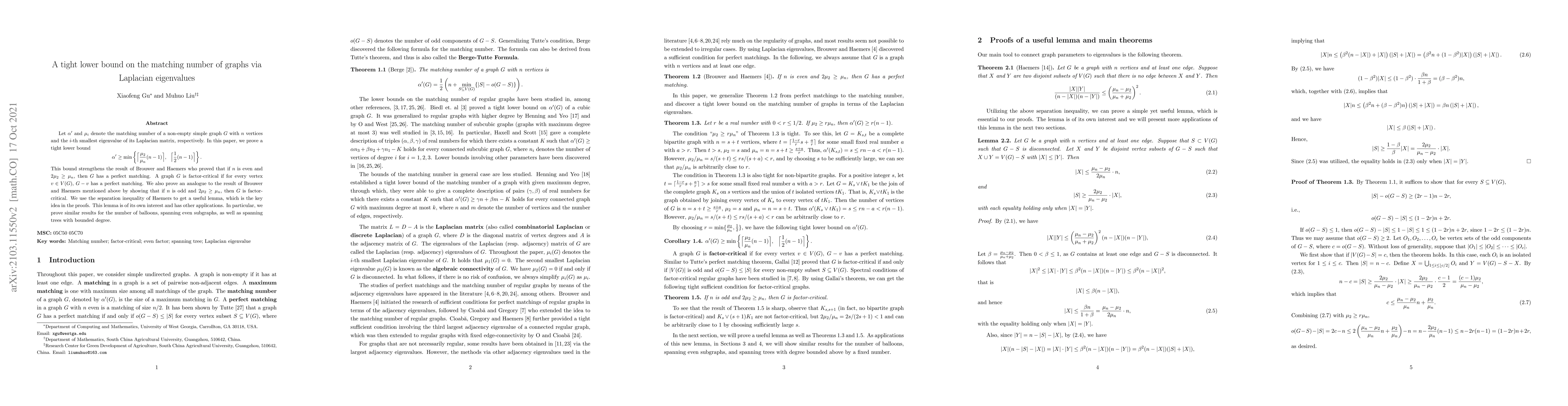 Thumbnail for A tight lower bound on the matching number of graphs via Laplacian
  eigenvalues