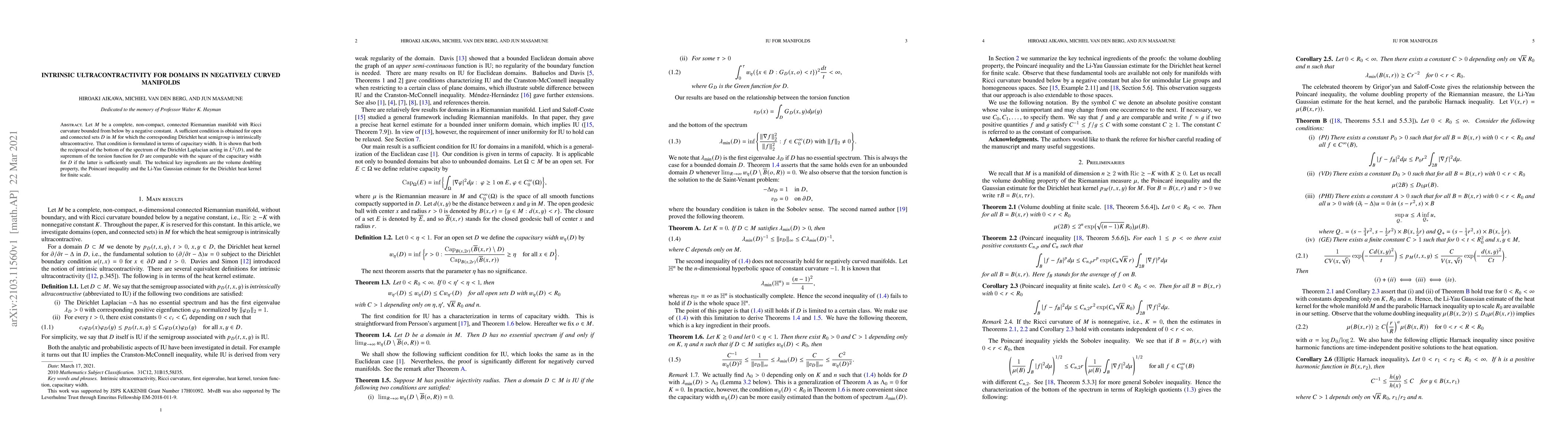 Thumbnail for Intrinsic ultracontractivity for domains in negatively curved manifolds