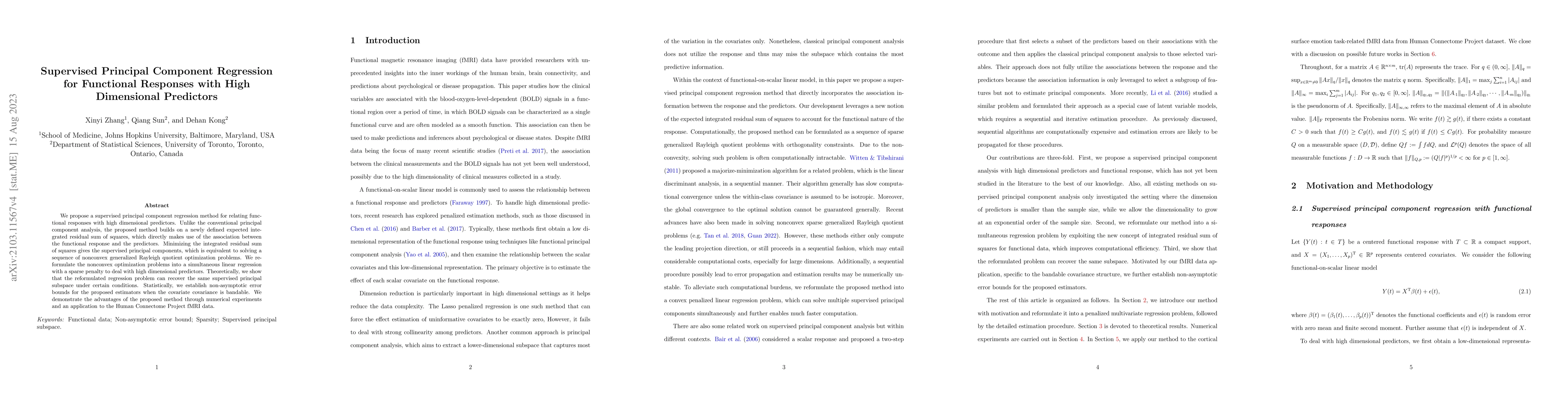 Thumbnail for Supervised Principal Component Regression for Functional Responses with
  High Dimensional Predictors