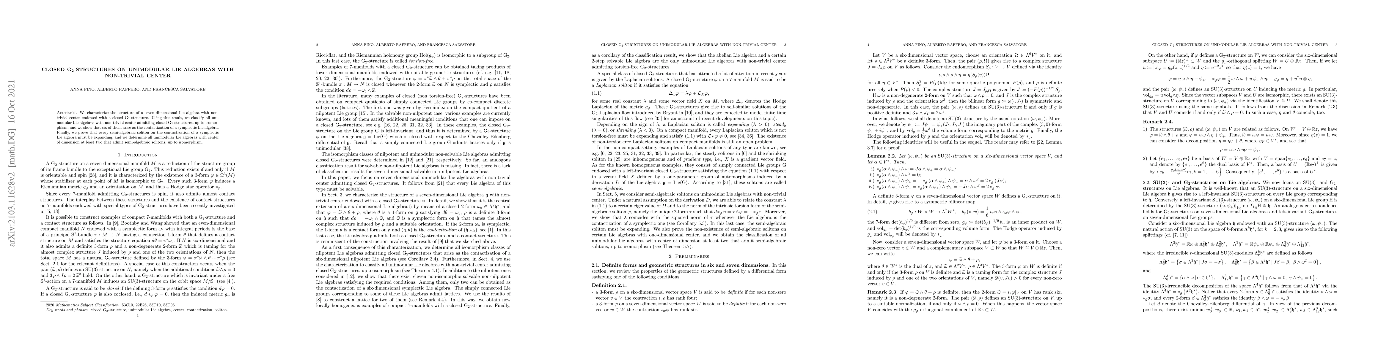 Thumbnail for Closed G$_2$-structures on unimodular Lie algebras with non-trivial
  center