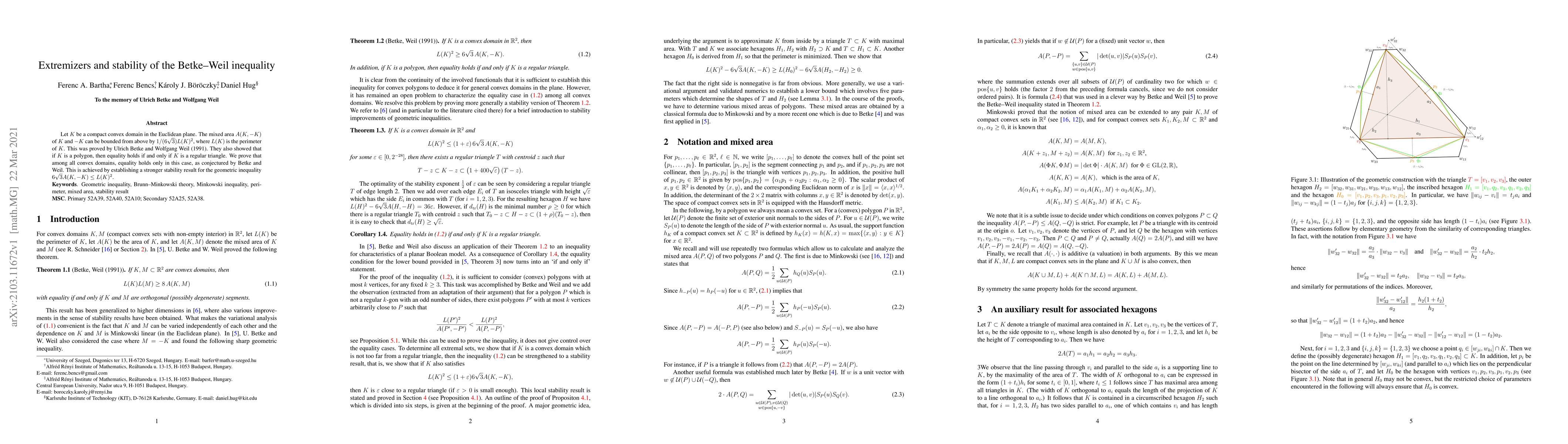 Thumbnail for Extremizers and stability of the Betke--Weil inequality