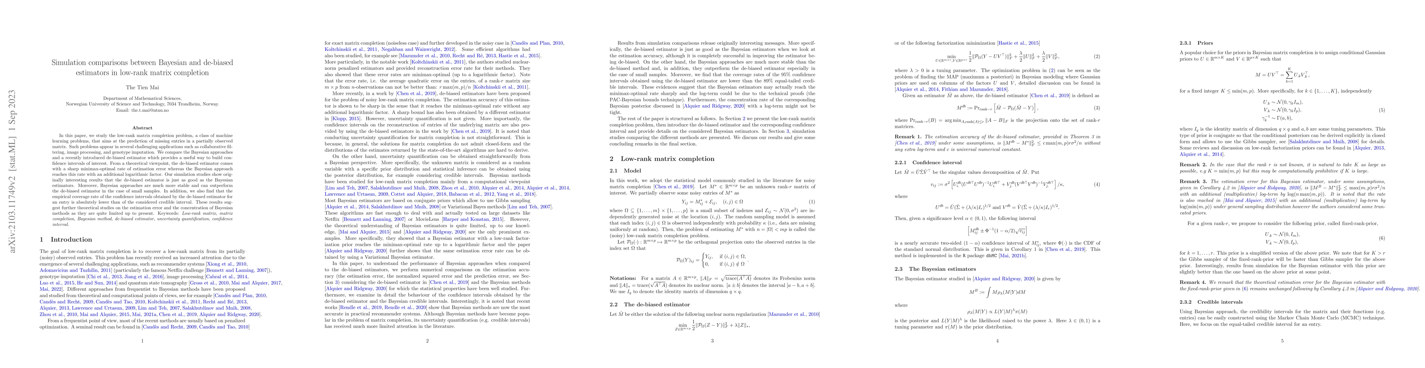 Thumbnail for Simulation comparisons between Bayesian and de-biased estimators in
  low-rank matrix completion
