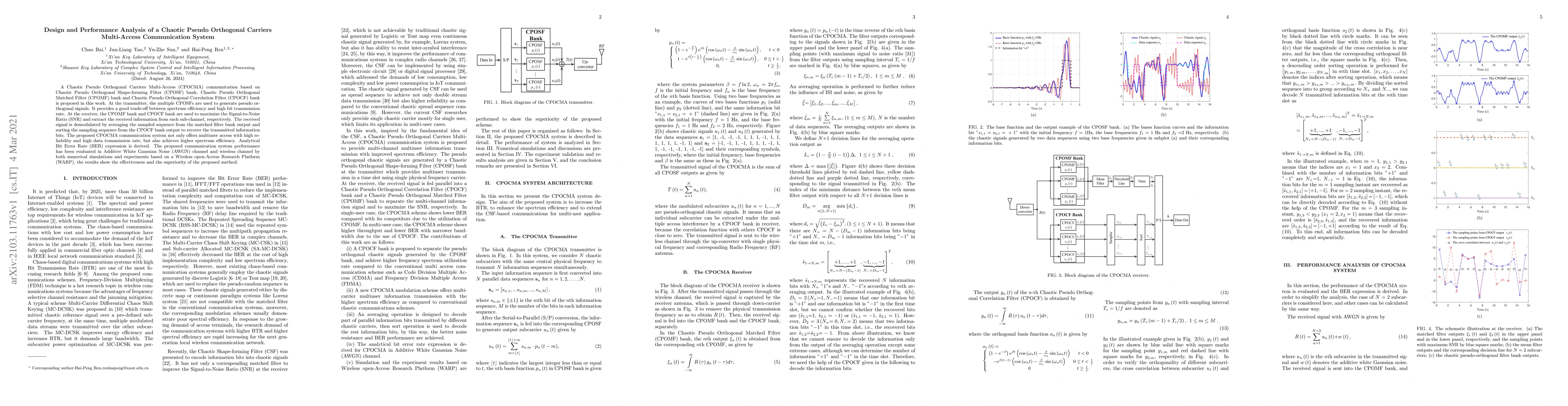 Thumbnail for Design and Performance Analysis of a Chaotic Pseudo Orthogonal Carriers
  Multi-Access Communication System