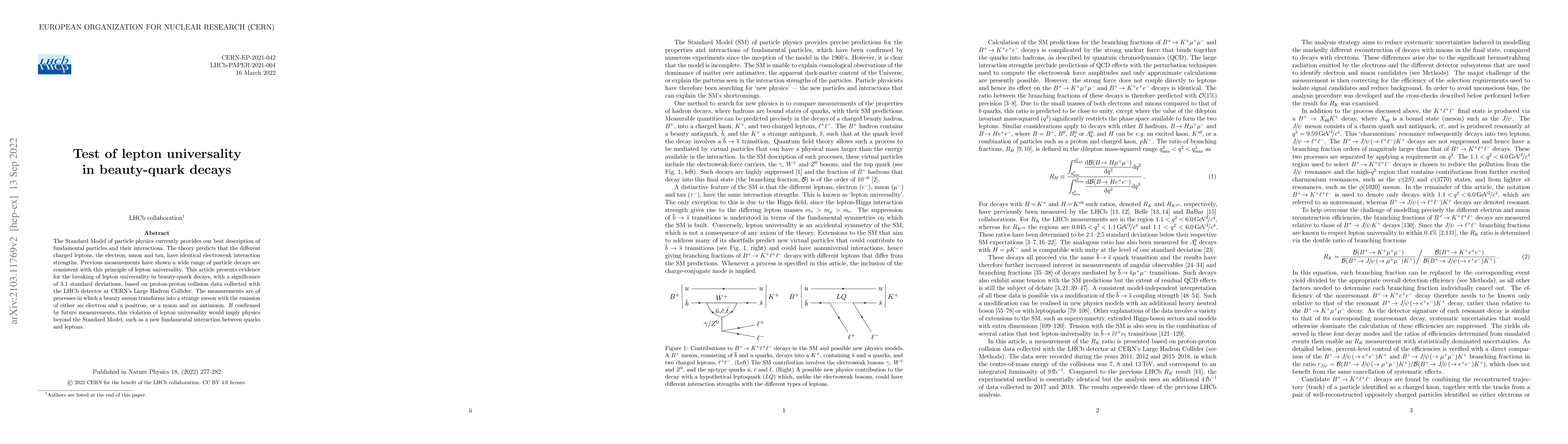 Thumbnail for Test of lepton universality in beauty-quark decays
