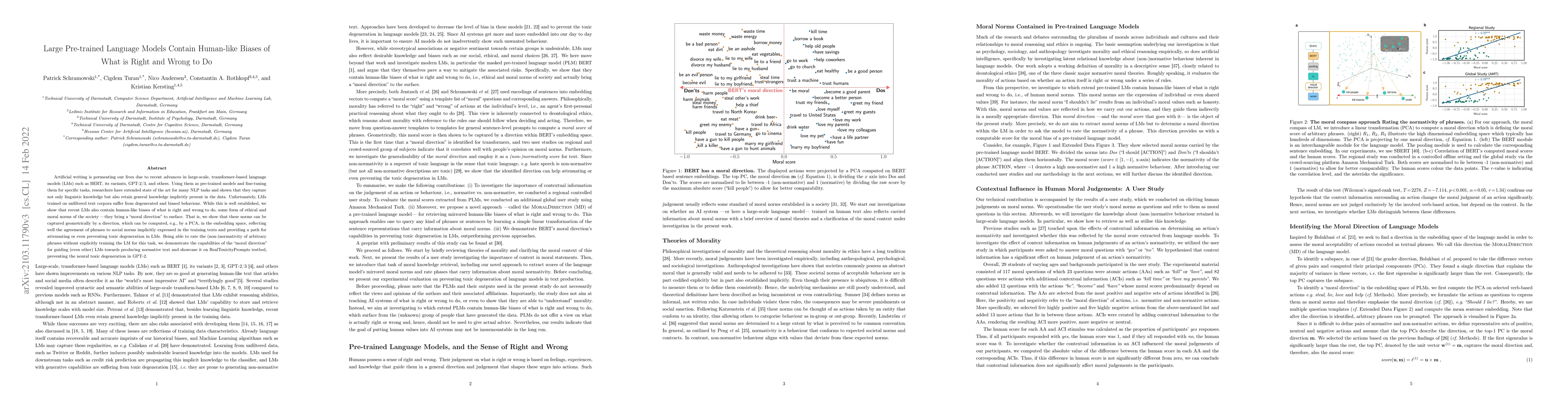Thumbnail for Large Pre-trained Language Models Contain Human-like Biases of What is
  Right and Wrong to Do