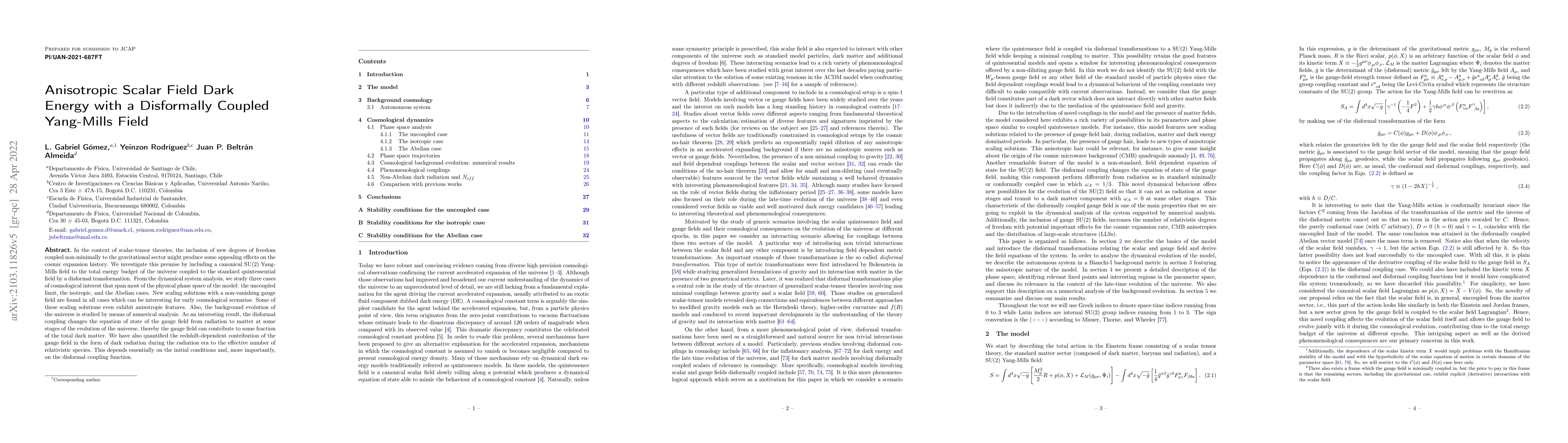 Thumbnail for Anisotropic Scalar Field Dark Energy with a Disformally Coupled
  Yang-Mills Field