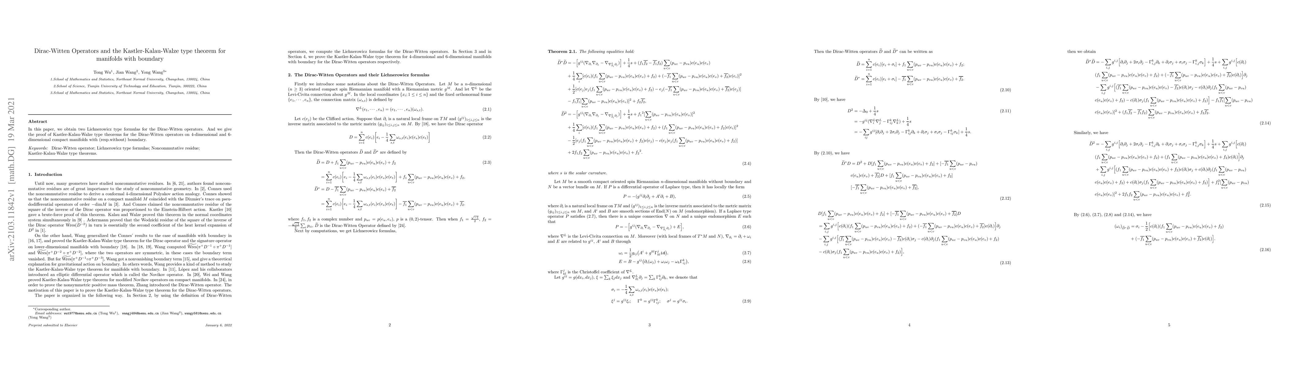 Thumbnail for Dirac-Witten Operators and the Kastler-Kalau-Walze type theorem for
  manifolds with boundary