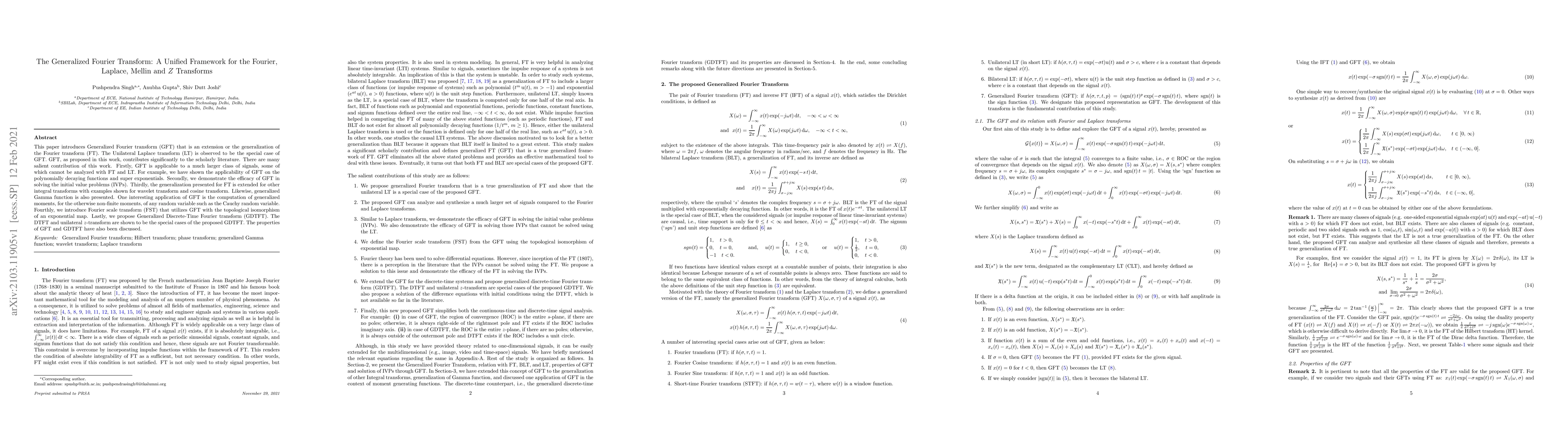 Thumbnail for The Generalized Fourier Transform: A Unified Framework for the Fourier,
  Laplace, Mellin and $Z$ Transforms