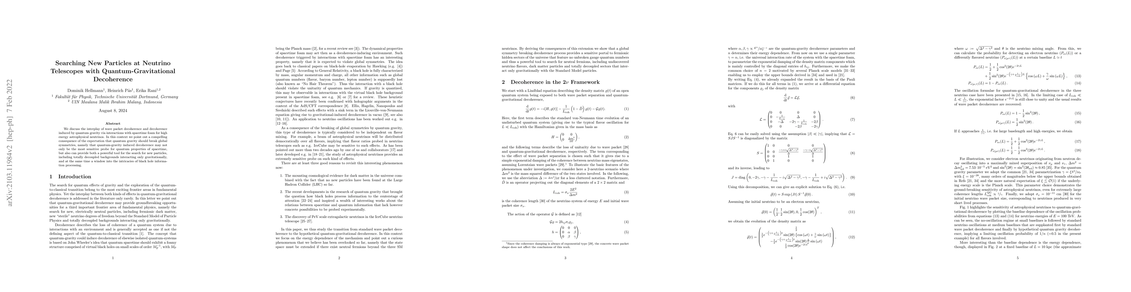 Thumbnail for Searching New Particles at Neutrino Telescopes with
  Quantum-Gravitational Decoherence