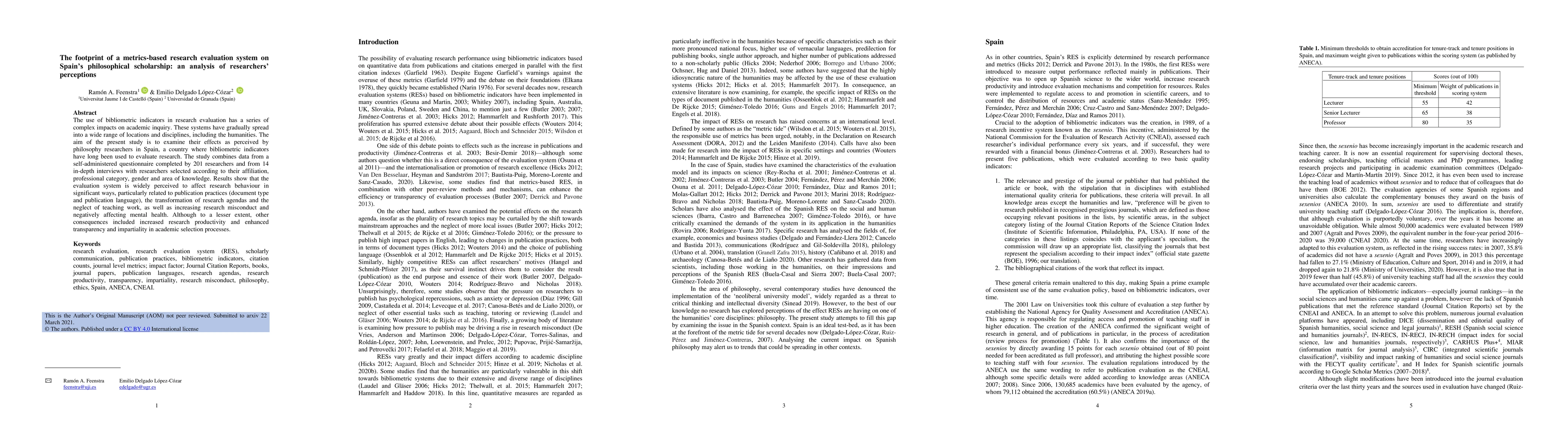 Thumbnail for The footprint of a metrics-based research evaluation system on Spanish
  philosophical scholarship: an analysis of researchers perceptions