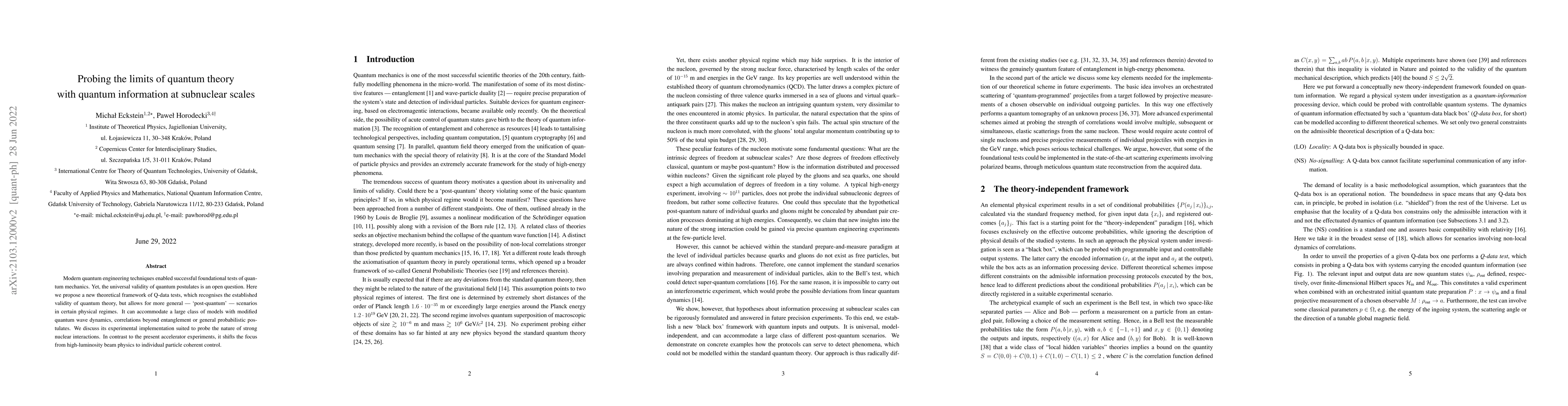 Thumbnail for Probing the limits of quantum theory with quantum information at
  subnuclear scales