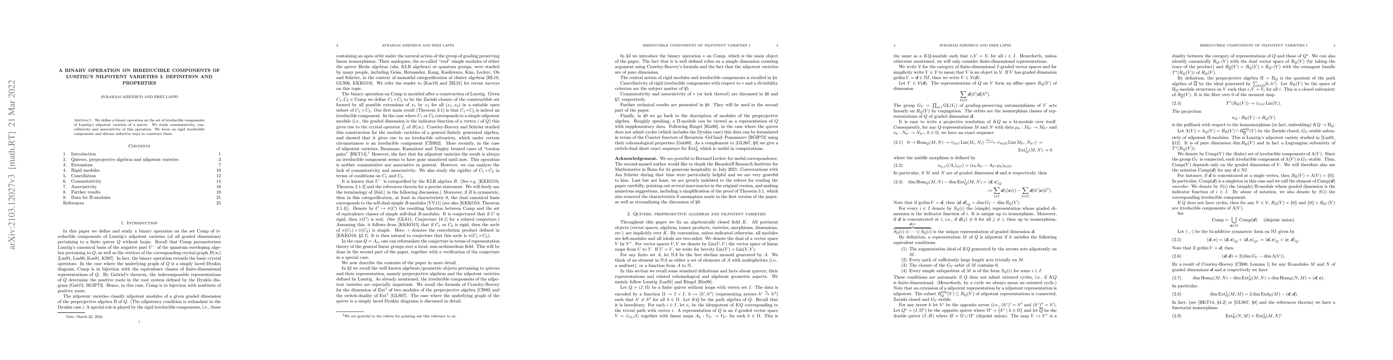 Thumbnail for A binary operation on irreducible components of Lusztig's nilpotent
  varieties {I}: definition and properties
