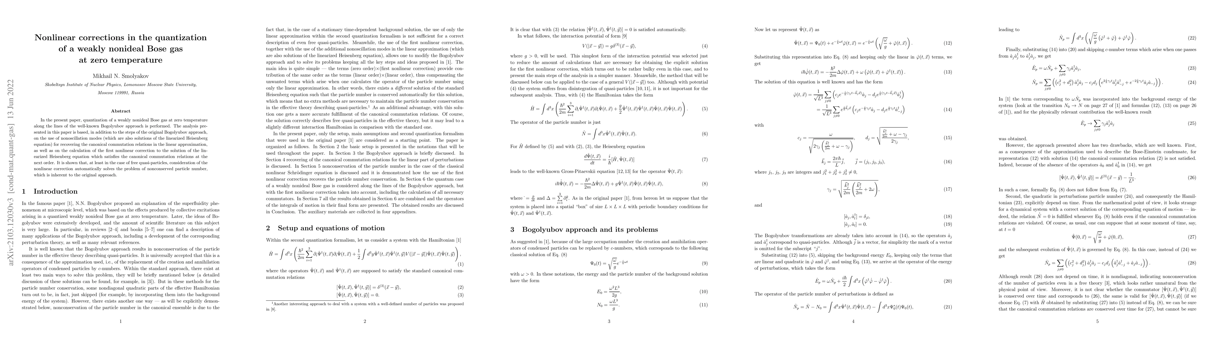 Thumbnail for Nonlinear corrections in the quantization of a weakly nonideal Bose gas
  at zero temperature