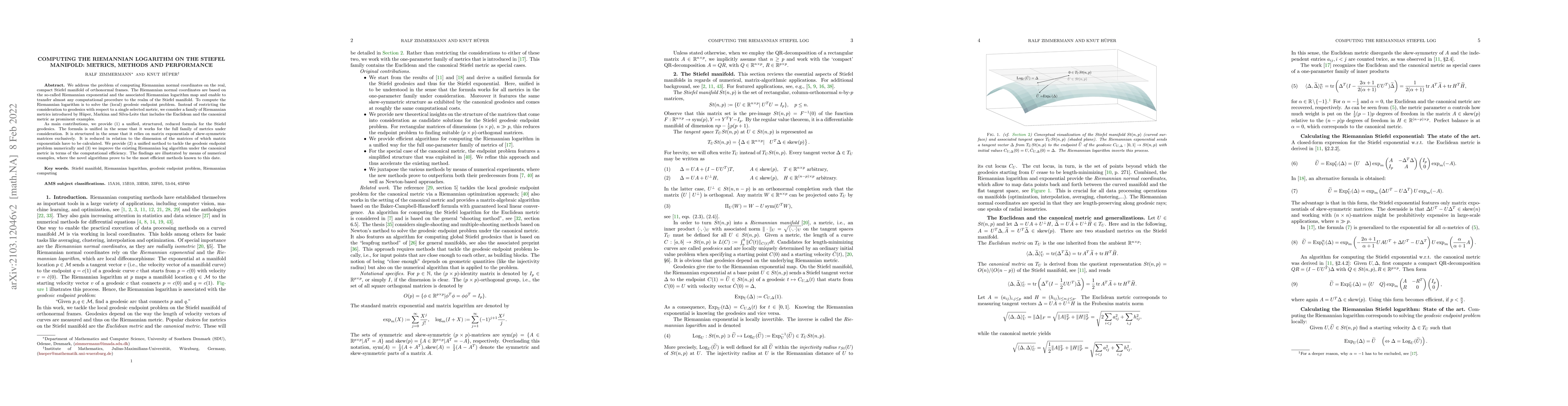 Thumbnail for Computing the Riemannian logarithm on the Stiefel manifold: metrics,
  methods and performance