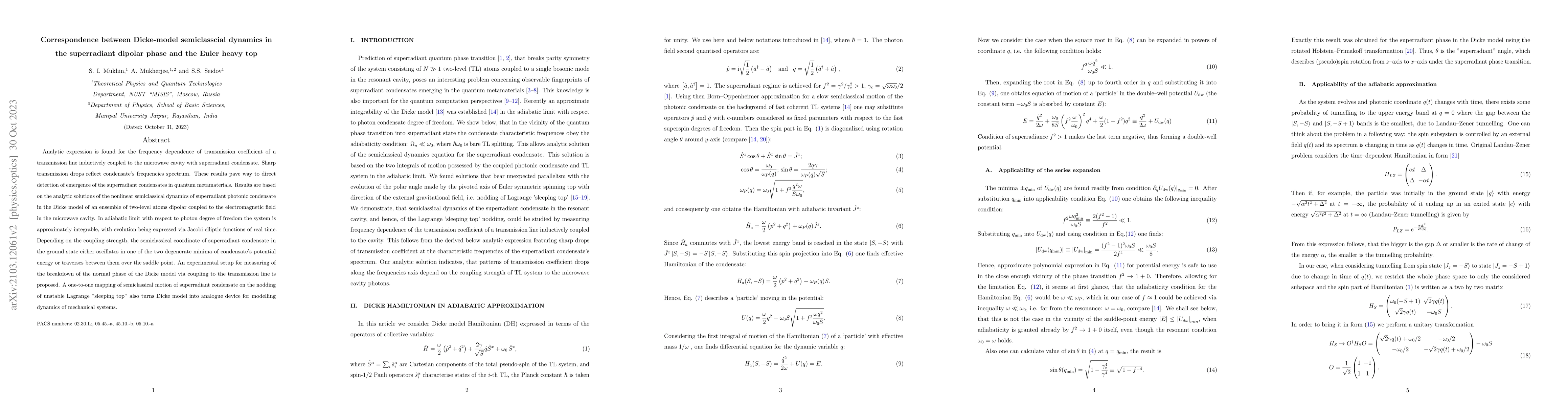 Thumbnail for Correspondence between Dicke-model semiclasscial dynamics in the
  superradiant dipolar phase and the Euler heavy top