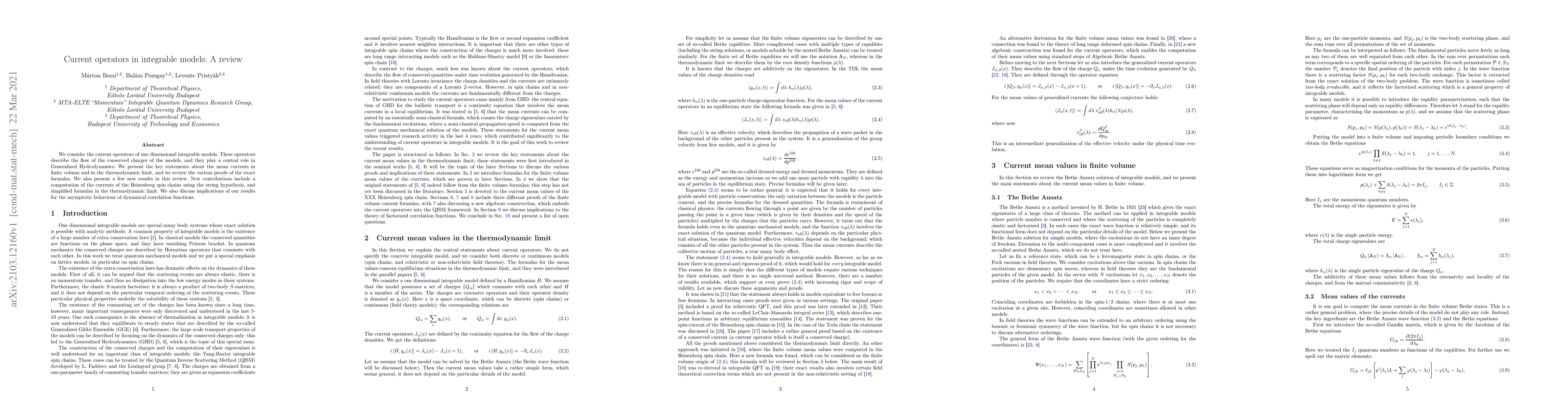 Thumbnail for Current operators in integrable models: A review