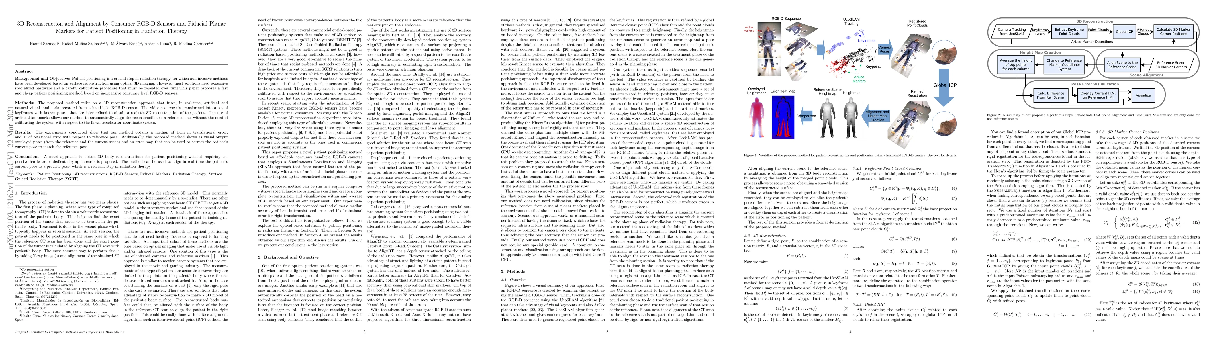 Thumbnail for 3D Reconstruction and Alignment by Consumer RGB-D Sensors and Fiducial
  Planar Markers for Patient Positioning in Radiation Therapy