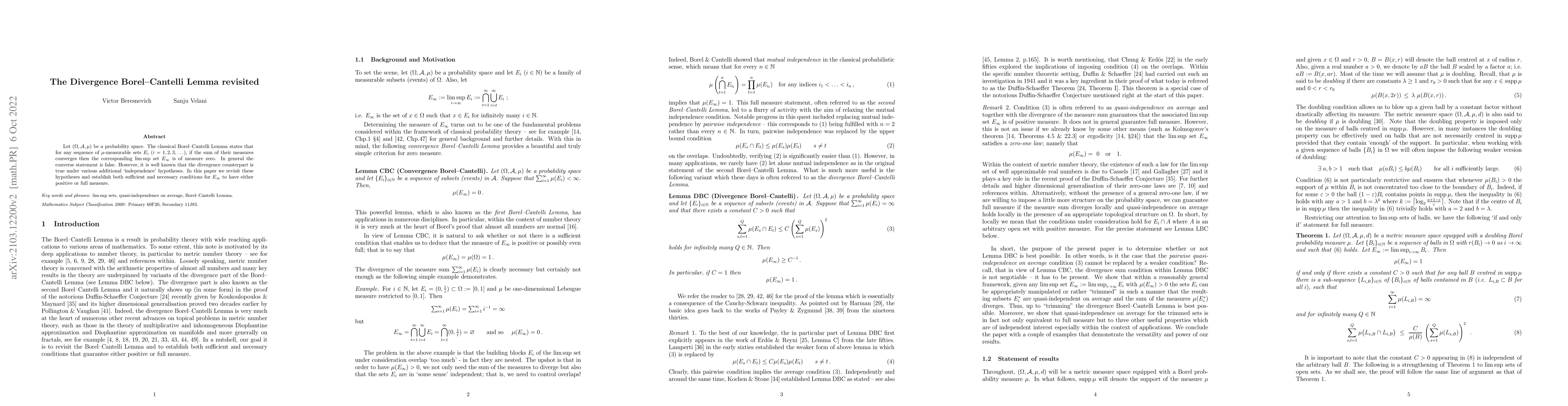 Thumbnail for The Divergence Borel-Cantelli Lemma revisited