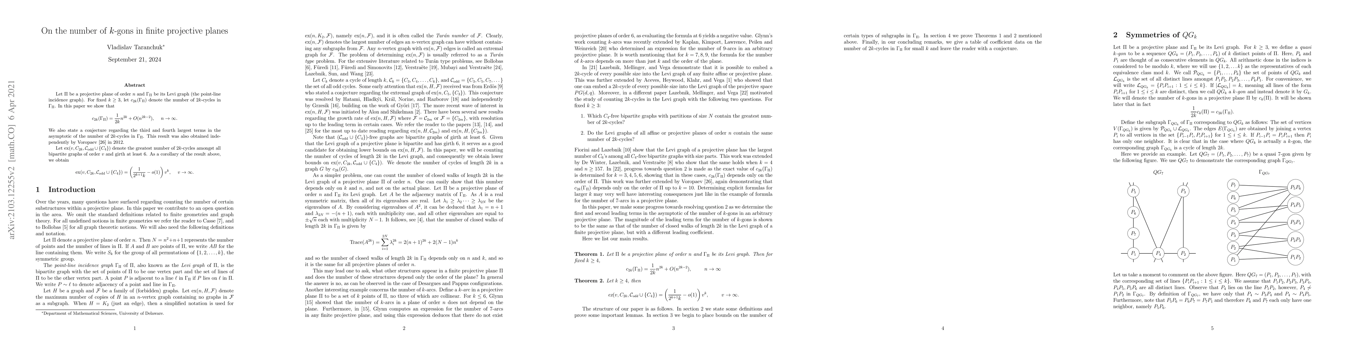 Thumbnail for On the number of $k$-gons in finite projective planes
