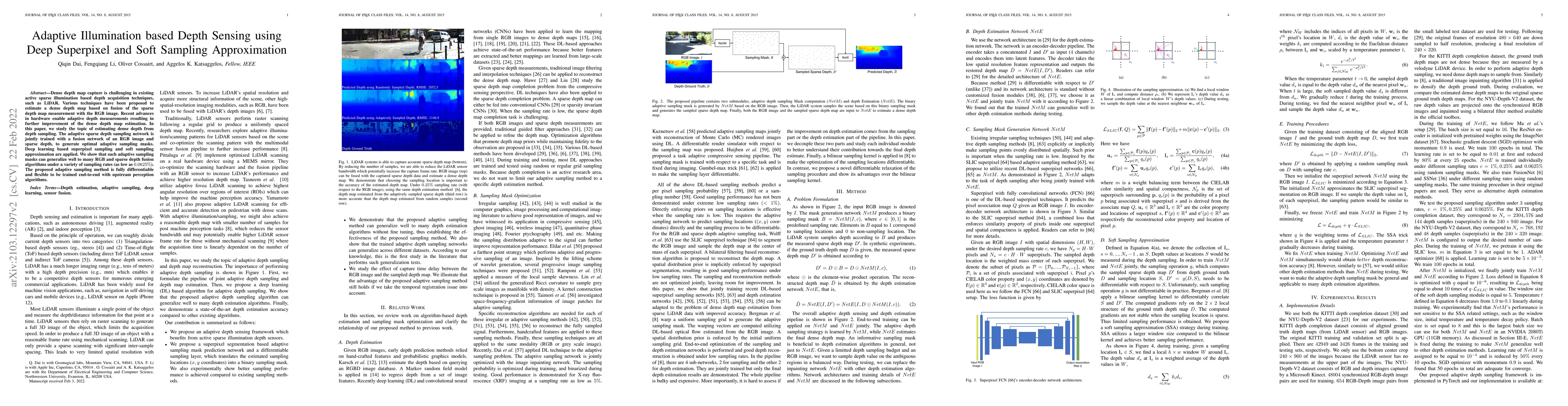 Thumbnail for Adaptive Illumination based Depth Sensing using Deep Superpixel and Soft
  Sampling Approximation