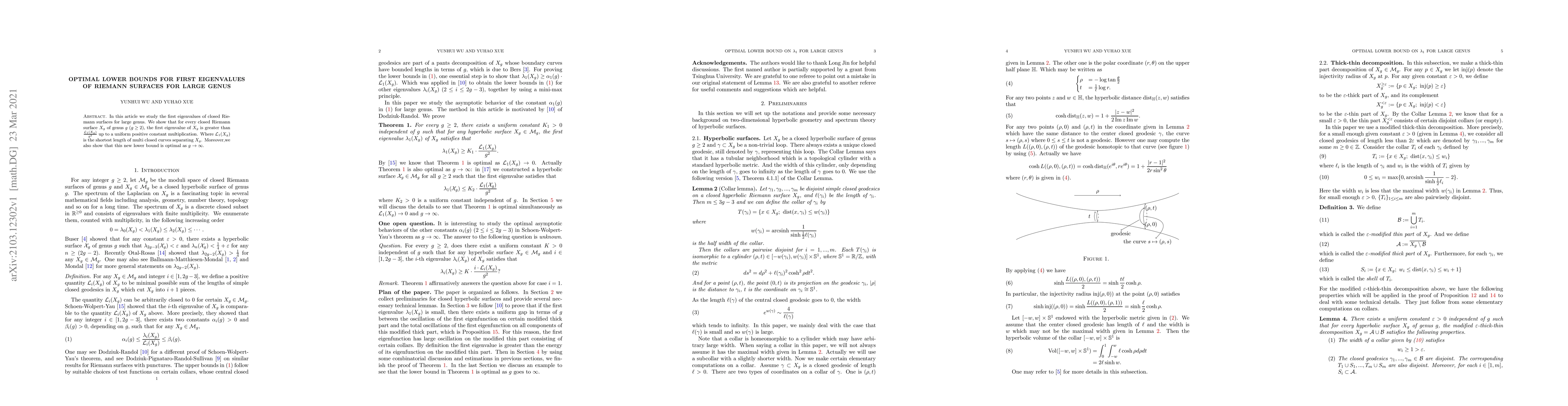 Thumbnail for Optimal lower bounds for first eigenvalues of Riemann surfaces for large
  genus