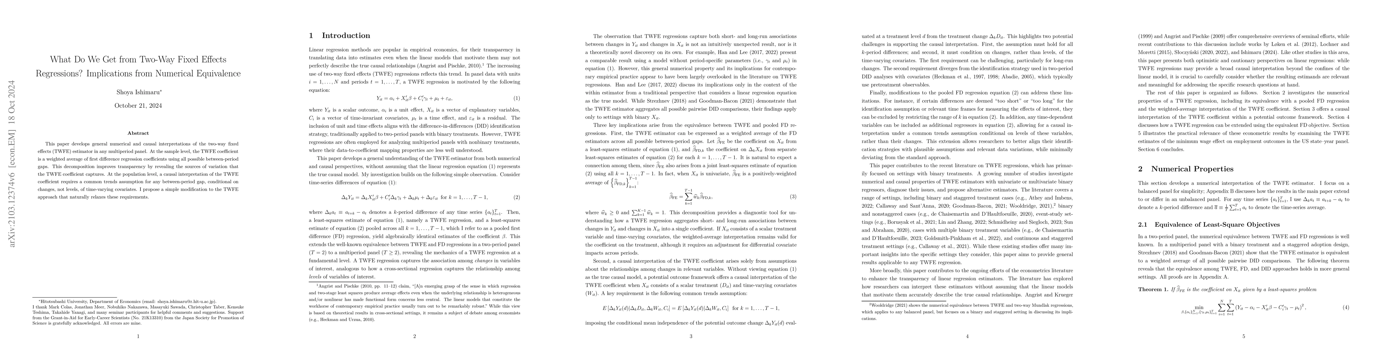Thumbnail for What Do We Get from Two-Way Fixed Effects Regressions? Implications from
  Numerical Equivalence