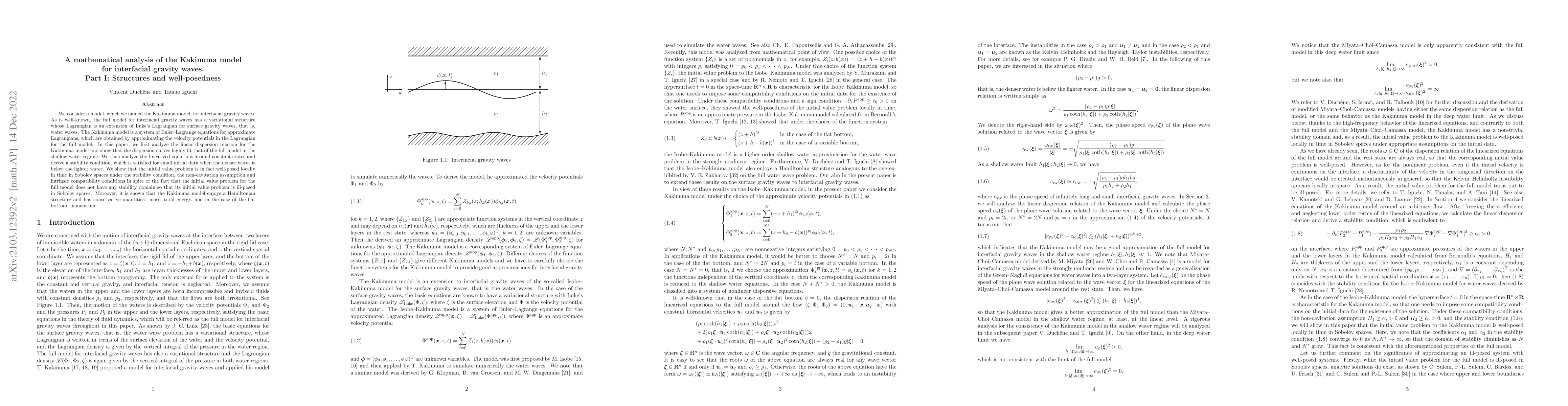 Thumbnail for A mathematical analysis of the Kakinuma model for interfacial gravity
  waves. Part I: Structures and well-posedness