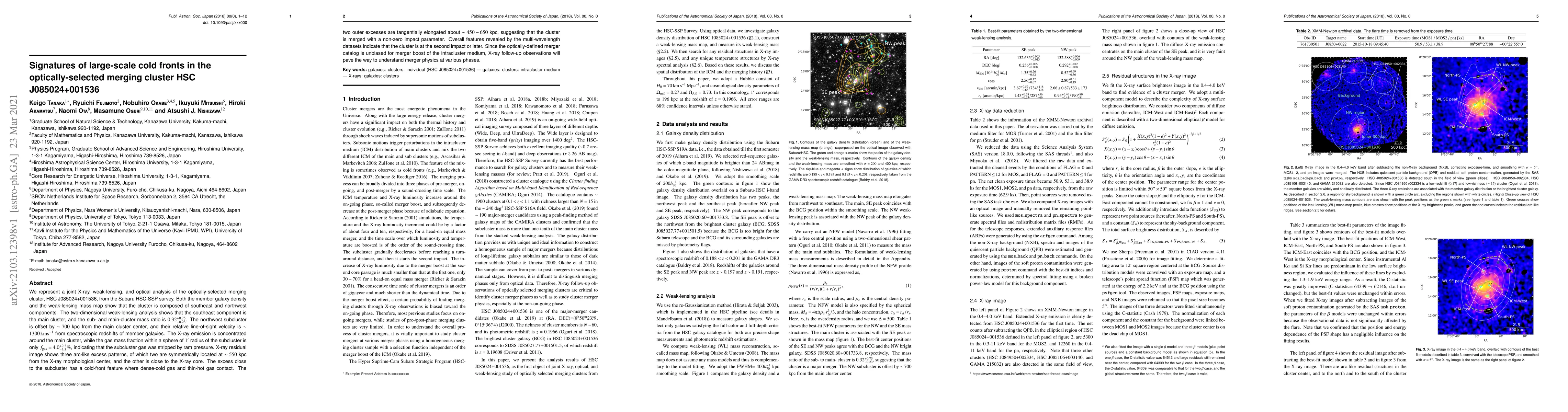 Thumbnail for Signatures of large-scale cold fronts in the optically-selected merging
  cluster HSC J085024+001536