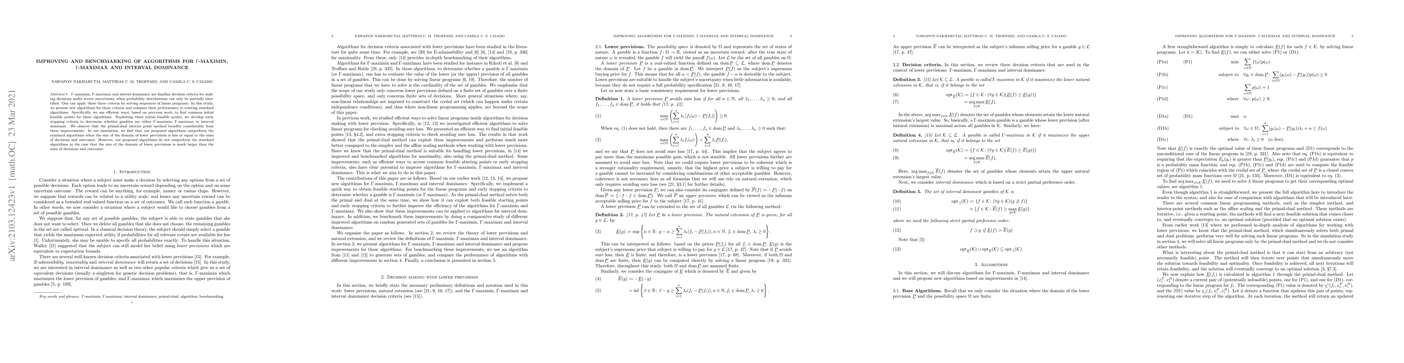 Thumbnail for Improving and benchmarking of algorithms for $\Gamma$-maximin,
  $\Gamma$-maximax and interval dominance