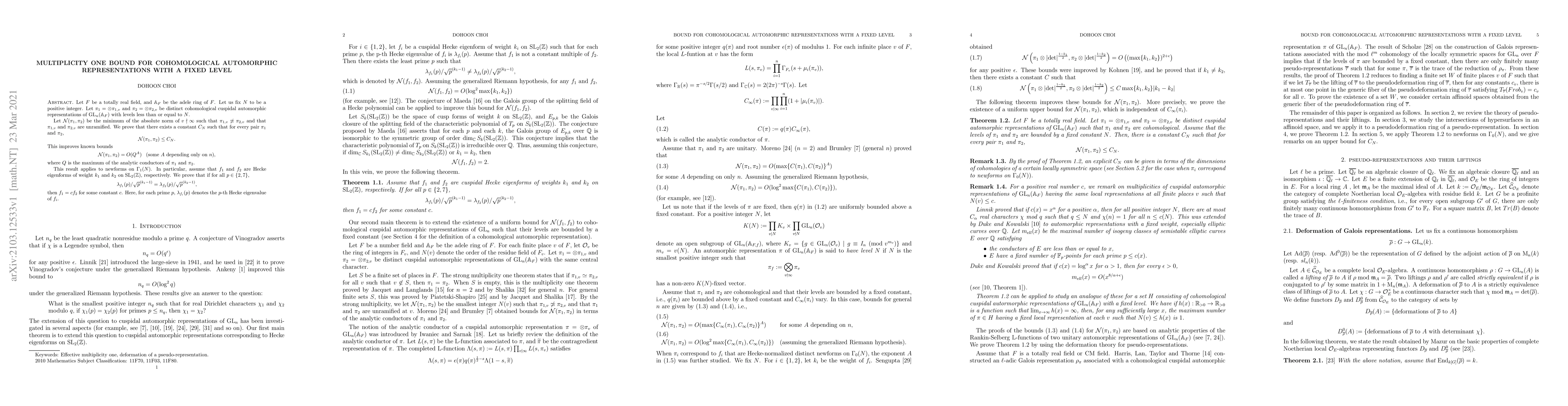 Thumbnail for Multiplicity one bound for cohomological automorphic representations
  with a fixed level