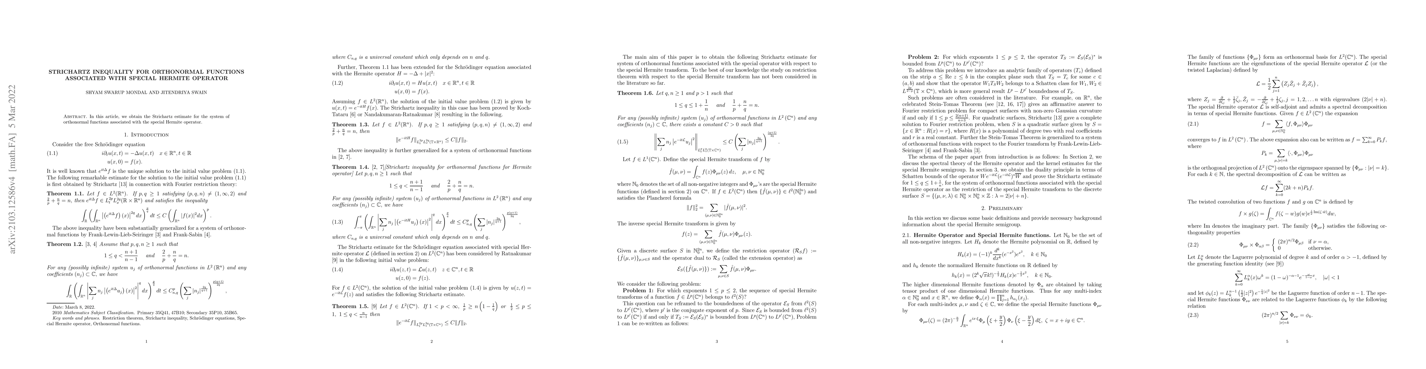 Thumbnail for Strichartz inequality for orthonormal functions associated with special
  Hermite operator