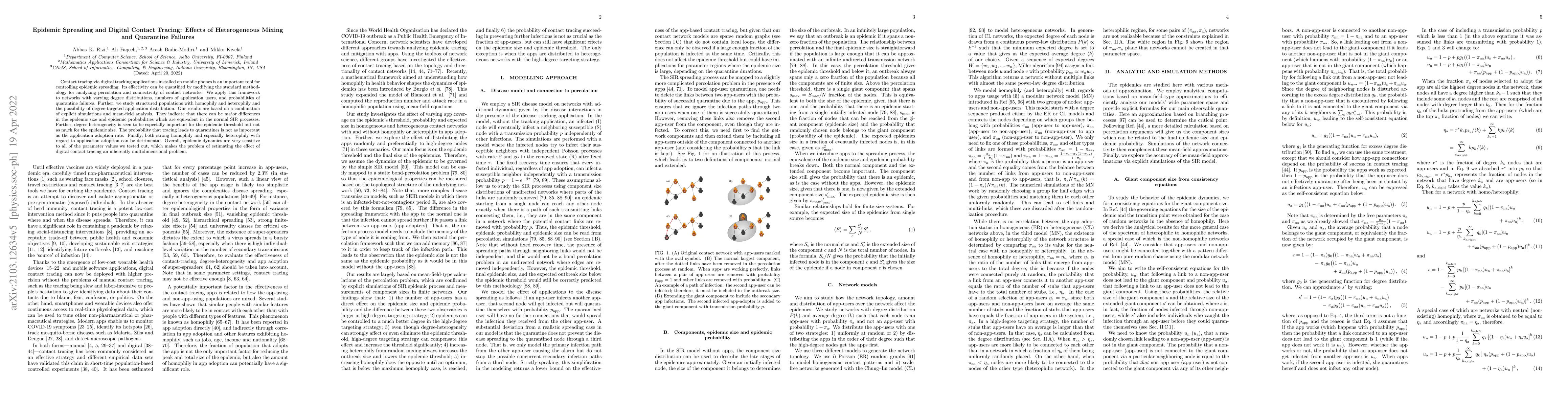 Thumbnail for Epidemic Spreading and Digital Contact Tracing: Effects of Heterogeneous
  Mixing and Quarantine Failures