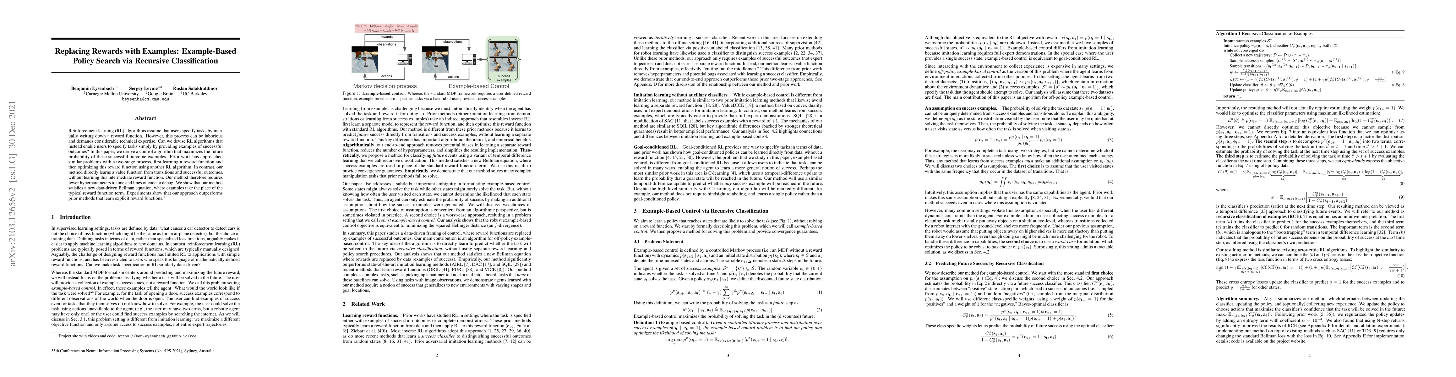 Thumbnail for Replacing Rewards with Examples: Example-Based Policy Search via
  Recursive Classification