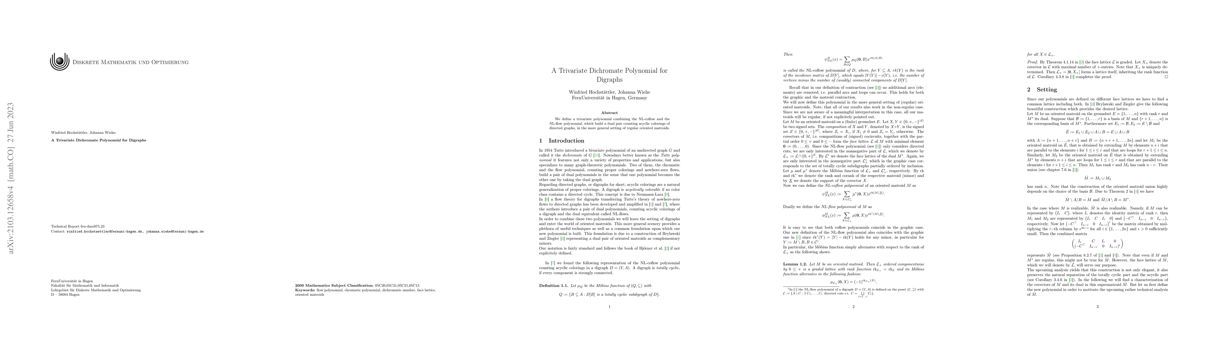 Thumbnail for A Trivariate Dichromate Polynomial for Digraphs