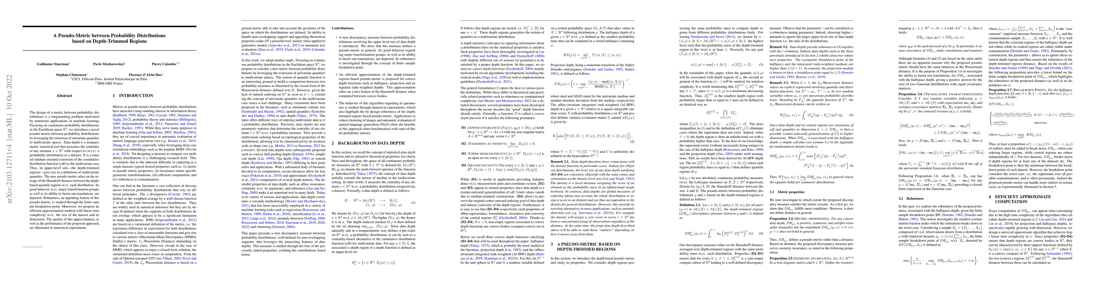 Thumbnail for A Pseudo-Metric between Probability Distributions based on Depth-Trimmed
  Regions