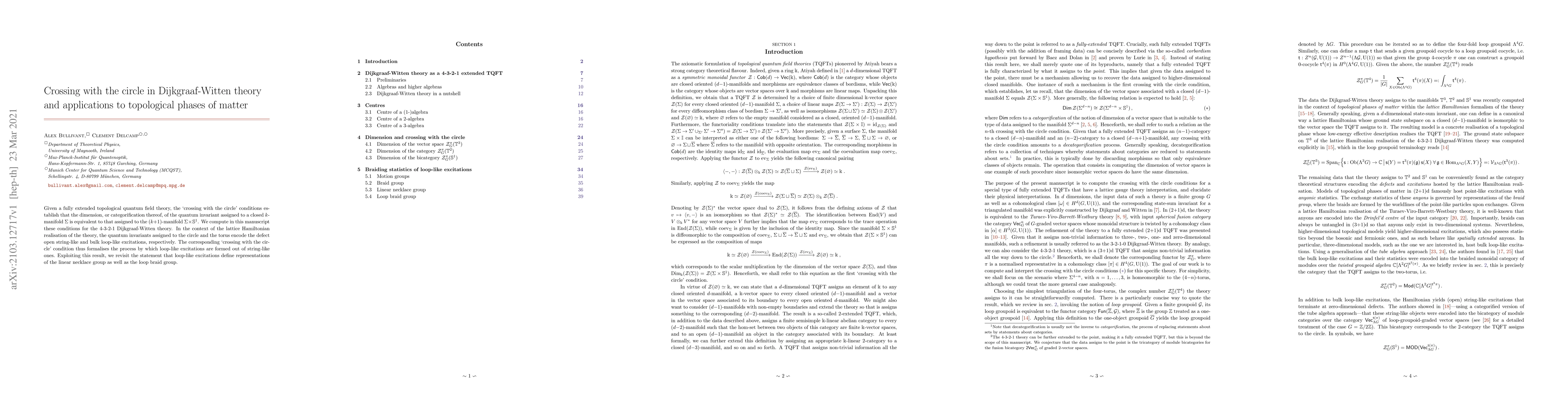 Thumbnail for Crossing with the circle in Dijkgraaf-Witten theory and applications to
  topological phases of matter
