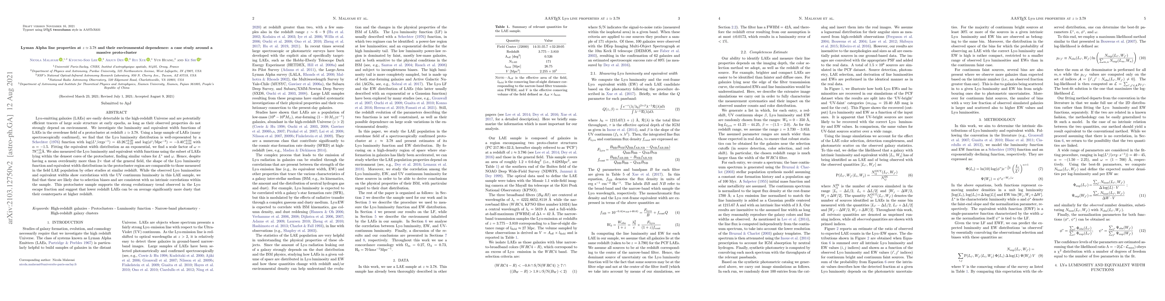 Thumbnail for Lyman Alpha line properties at $z \simeq 3.78$ and their environmental
  dependence: a case study around a massive proto-cluster