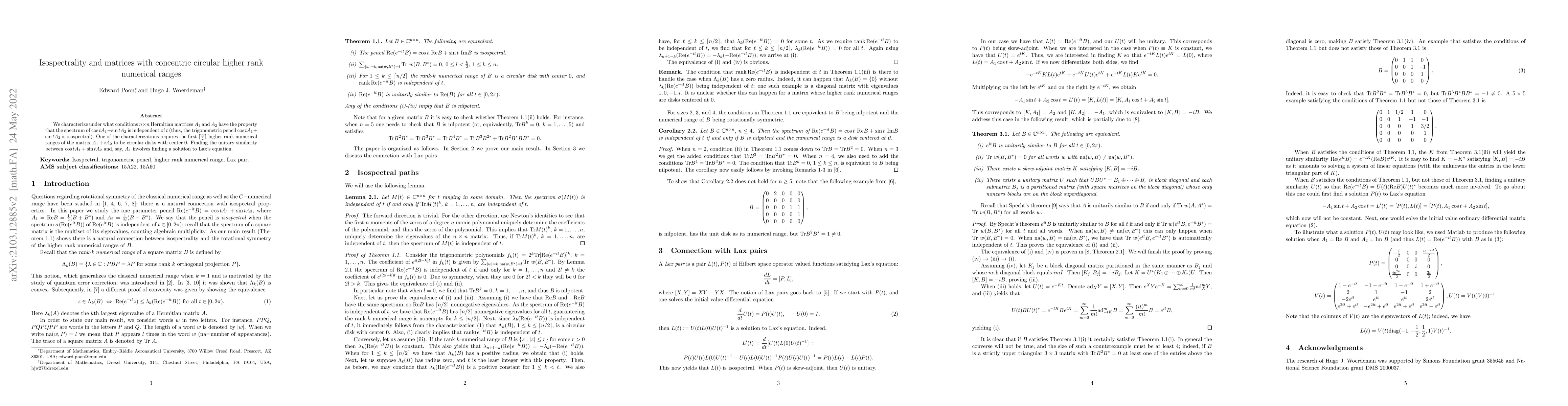 Thumbnail for Isospectrality and matrices with concentric circular higher rank
  numerical ranges