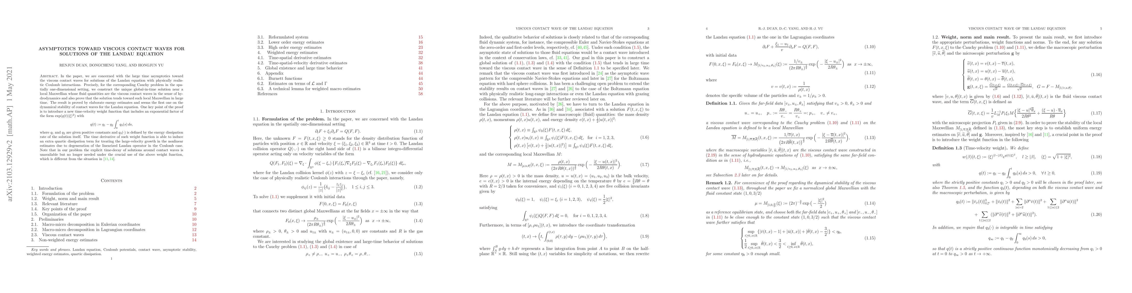 Thumbnail for Asymptotics toward viscous contact waves for solutions of the Landau
  equation