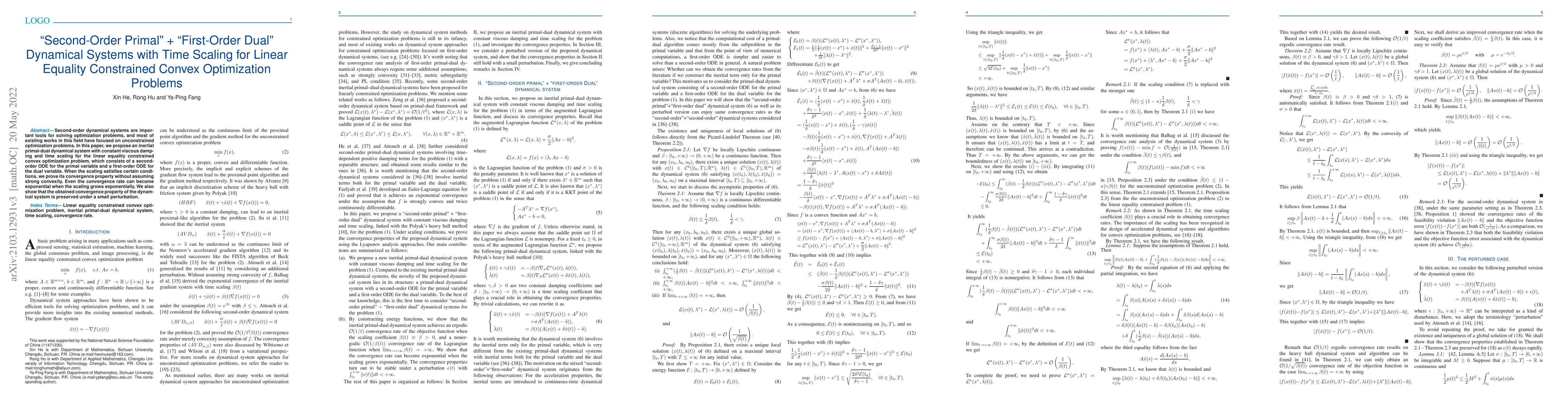 Thumbnail for "Second-Order Primal'' + "First-Order Dual'' Dynamical Systems with Time
  Scaling for Linear Equality Constrained Convex Optimization Problems