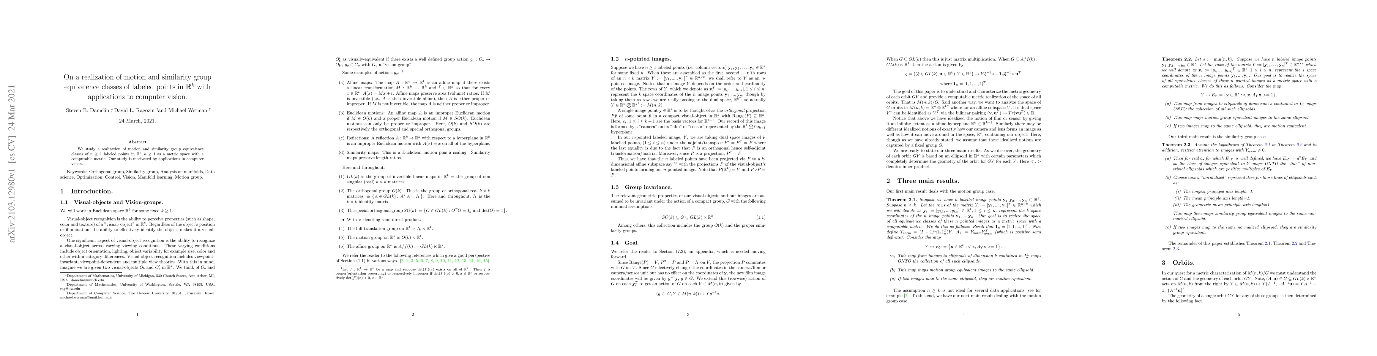 Thumbnail for On a realization of motion and similarity group equivalence classes of
  labeled points in $\mathbb R^k$ with applications to computer vision